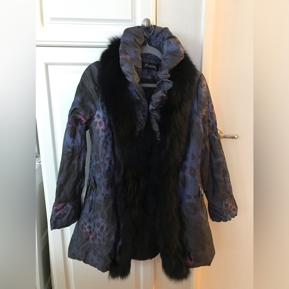 Colette Paris coat with real fur fox trim SZ S